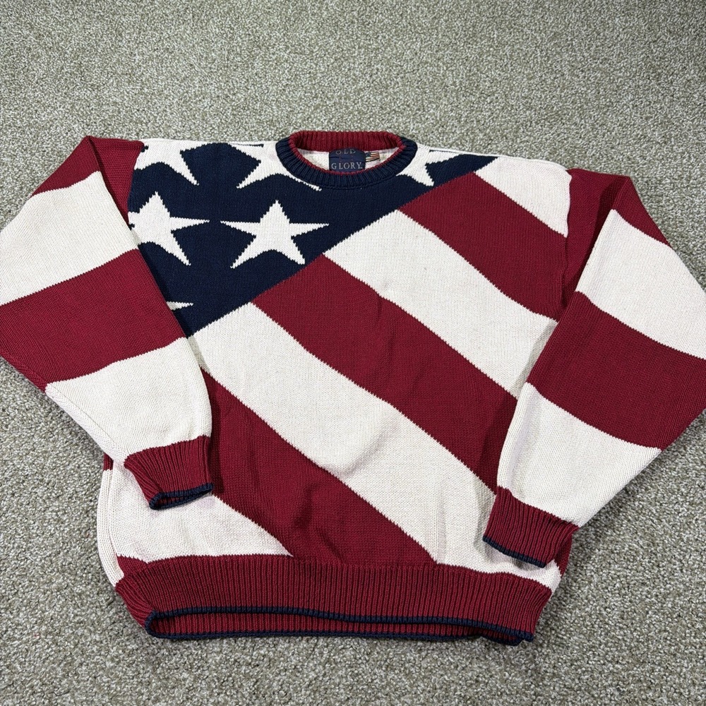 Vintage 90s Old Glory American Flag Chunky Sweater L USA Knit Crewneck Read